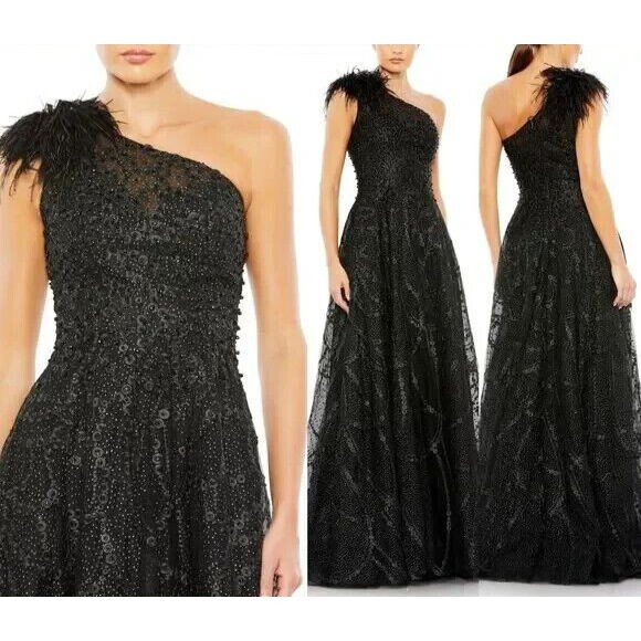 Mac Duggal Black Embellished One Shoulder A Line Gown‎ BLACK SZ 10 20389 $798 - Picture 1 of 7